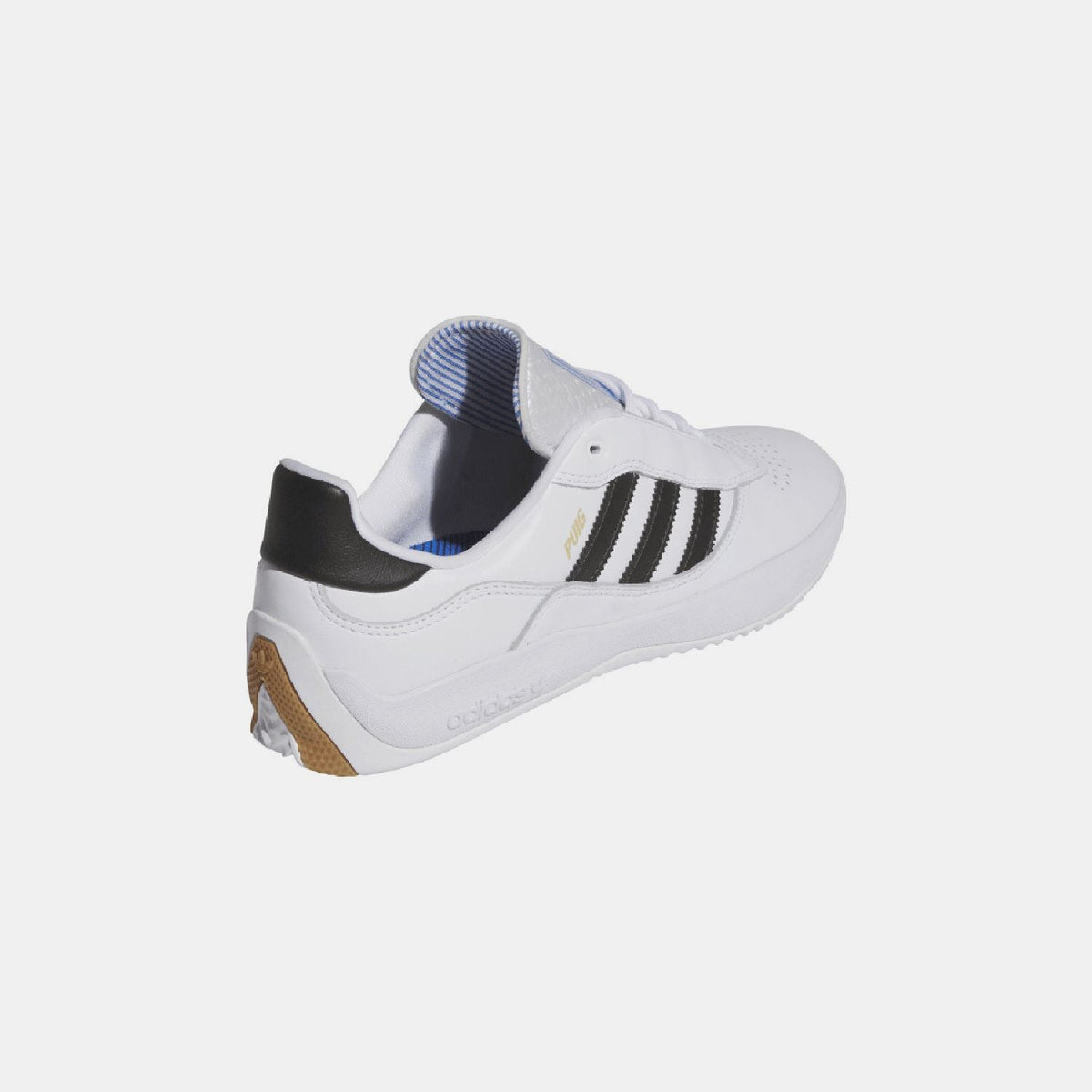 White trainers rear 3/4 view with black heel tab and blue inner lining