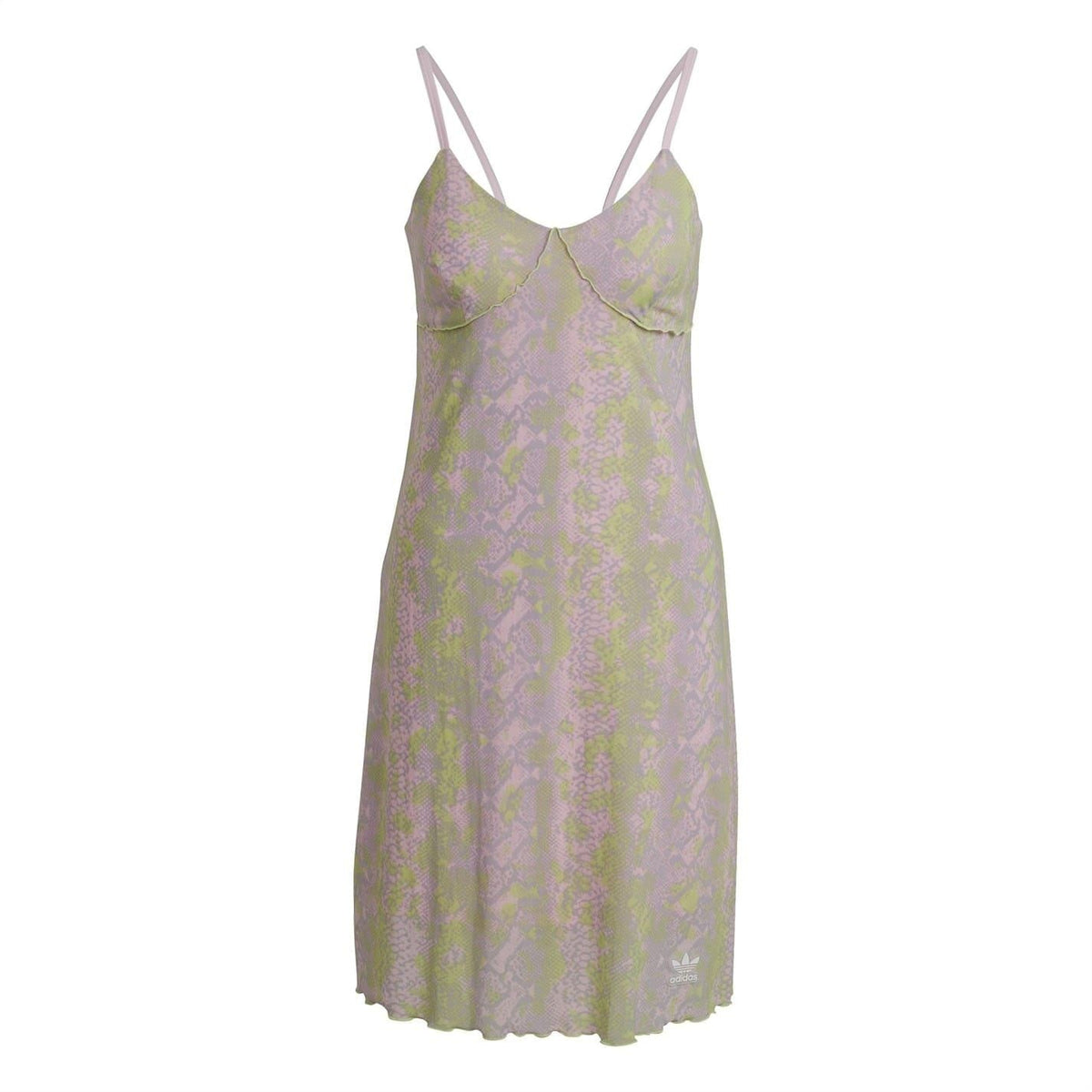 adidas Originals snake print midi slip dress in pastel pink, green, and purple