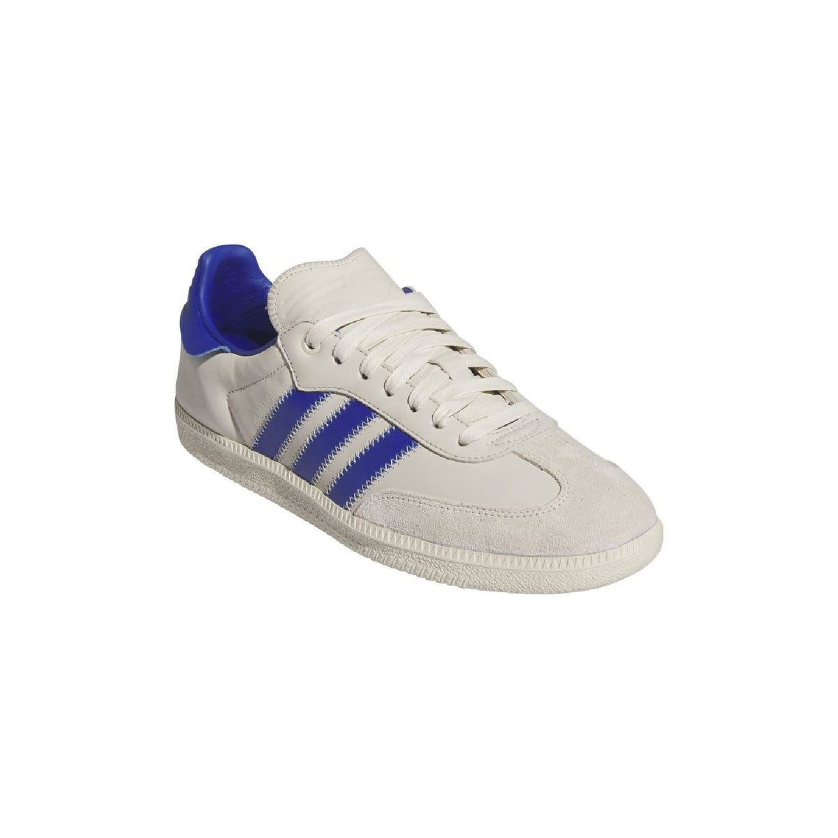 White and blue low-top Samba trainers with lace-up front and three-stripe design
