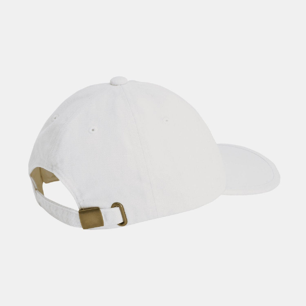 White cap with green text and adjustable back strap with metal buckle
