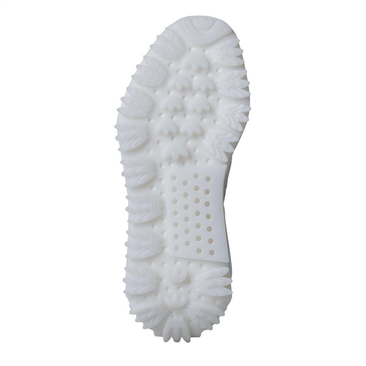 White sneaker outsole with deep lug tread and small perforation dots.