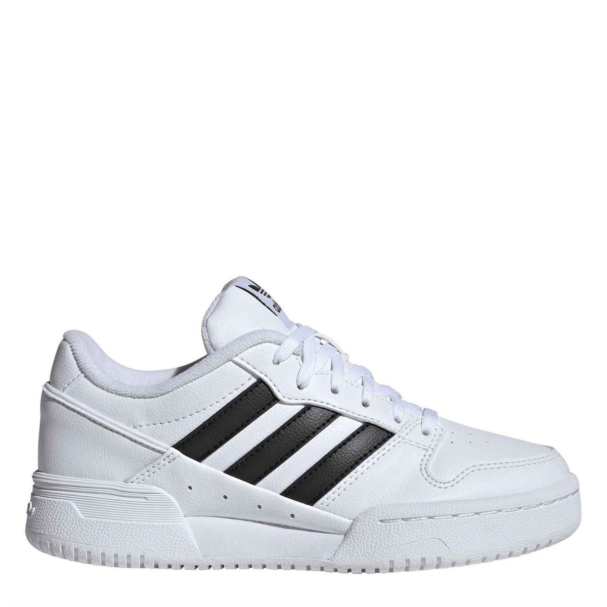 Kids' white adidas sneakers with black three-stripe side and lace-up closure