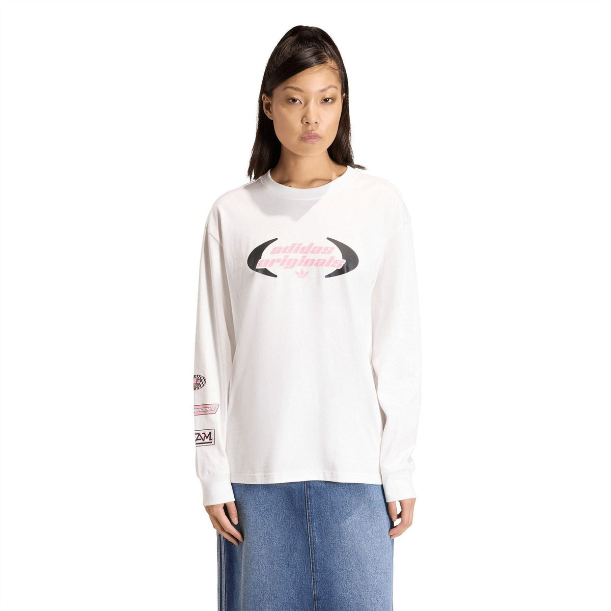 White adidas Originals long-sleeve T-shirt with front logo graphic, crew neck