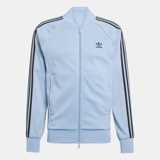 adidas Originals Adicolor Classic SST track jacket in navy with white stripes, front zipper, and ribbed cuffs and collar.