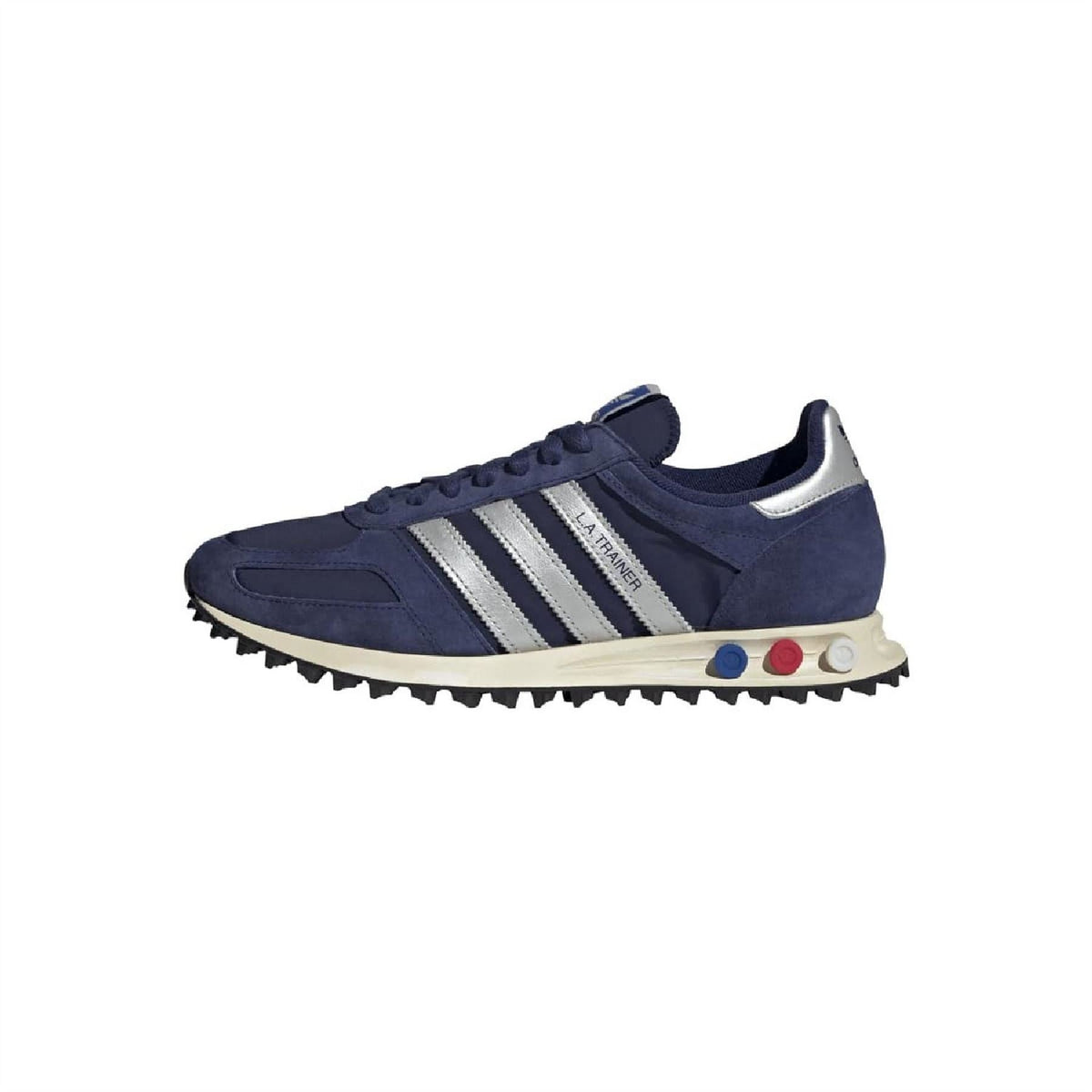 Dark blue adidas lace-up sneakers with white triple stripes, beige midsole and rugged tread