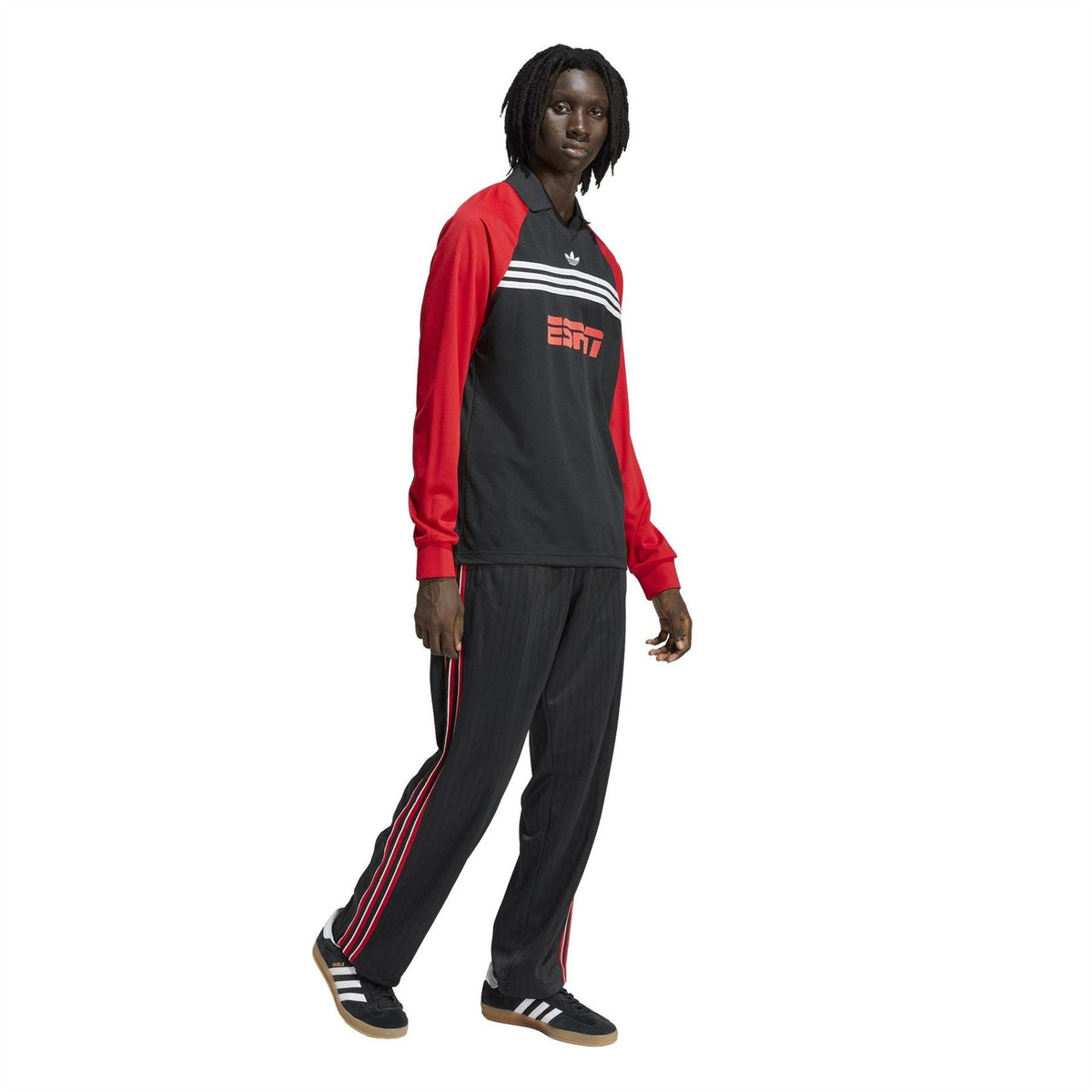 Men's black track joggers with open hem and red-and-white triple side stripe