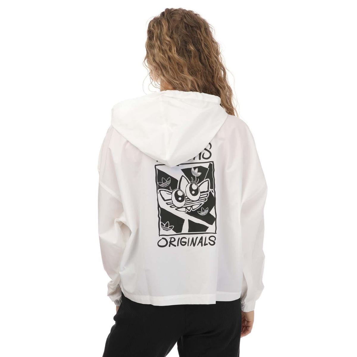 White hooded windbreaker jacket with large back graphic