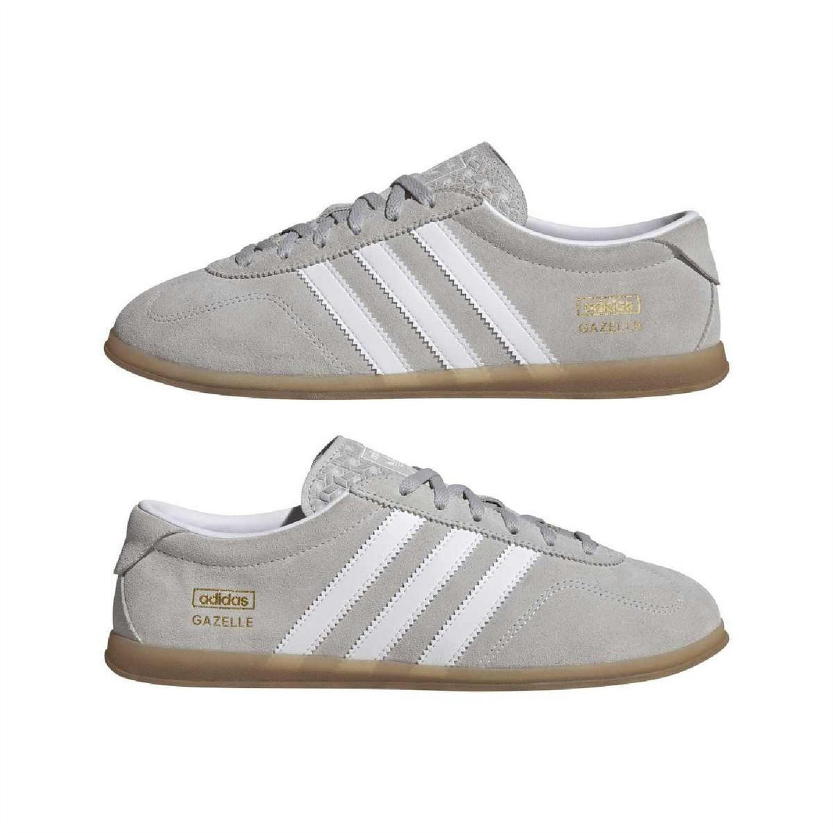 Grey Gazelle Lo Pro trainers, pair view with white stripes and low-profile sole