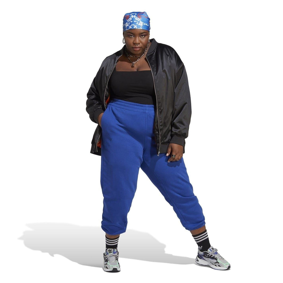 Blue tall mom joggers with elastic waistband and cuffed hem