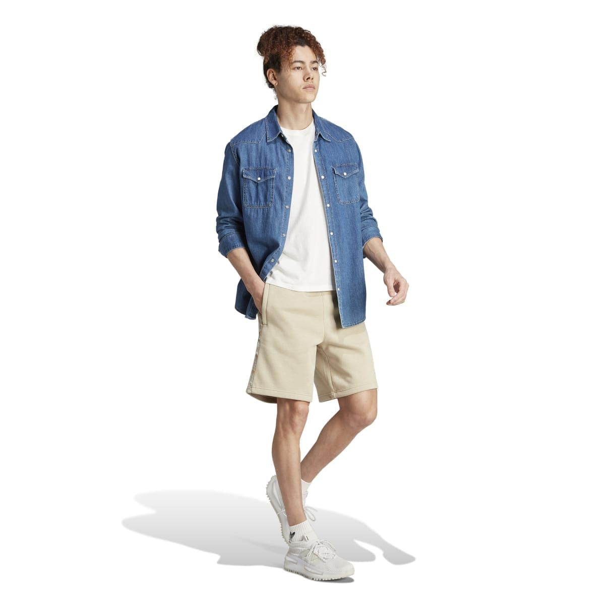Mens sand graphic camo stripe shorts with elastic waist and logo, shown with casual outfit