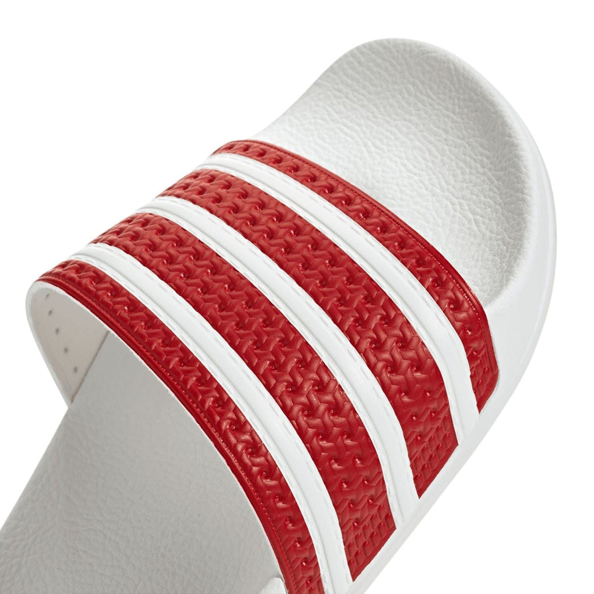 adidas Adilette slide sandal red embossed strap with white triple stripes