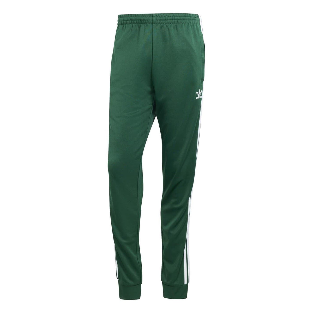 Green slim track pants with white side stripes, elastic waistband, tapered cuffs