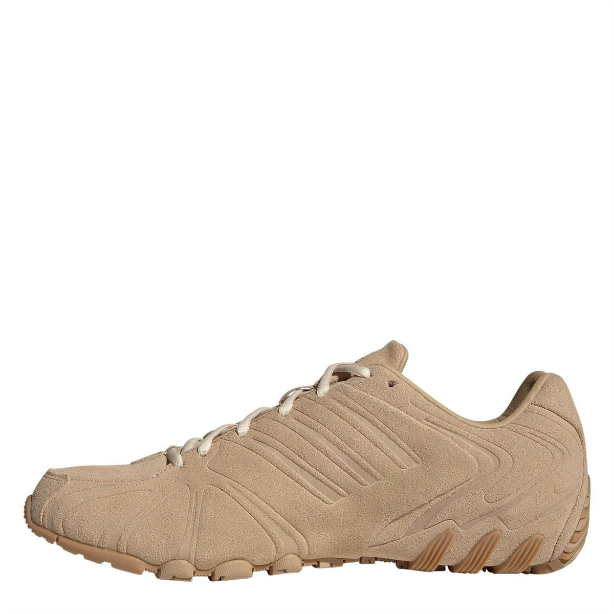 Beige lace-up sneaker side view with ridged stripes and cushioned rubber sole