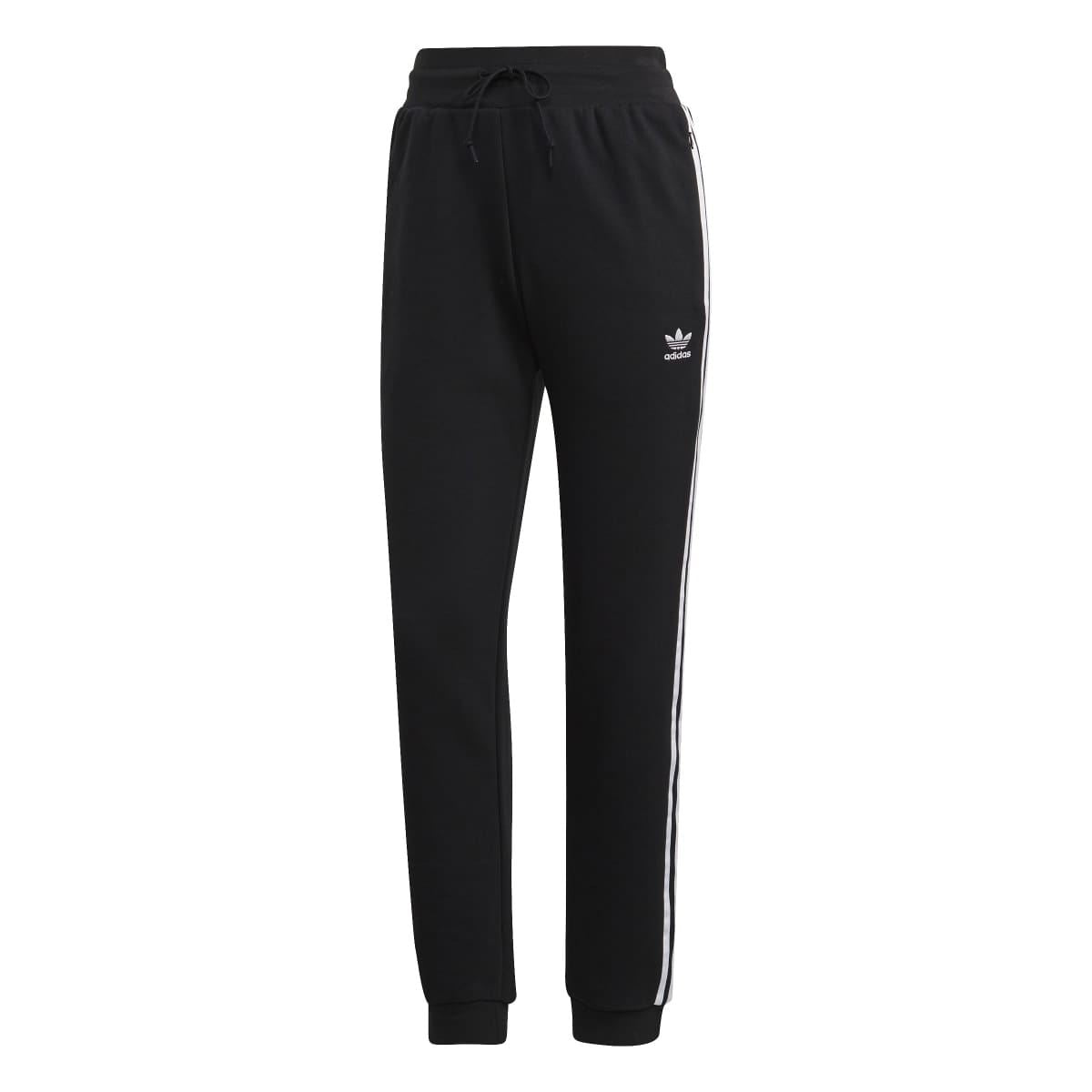 Slim cuffed joggers, black with white side stripe; elastic drawstring waistband