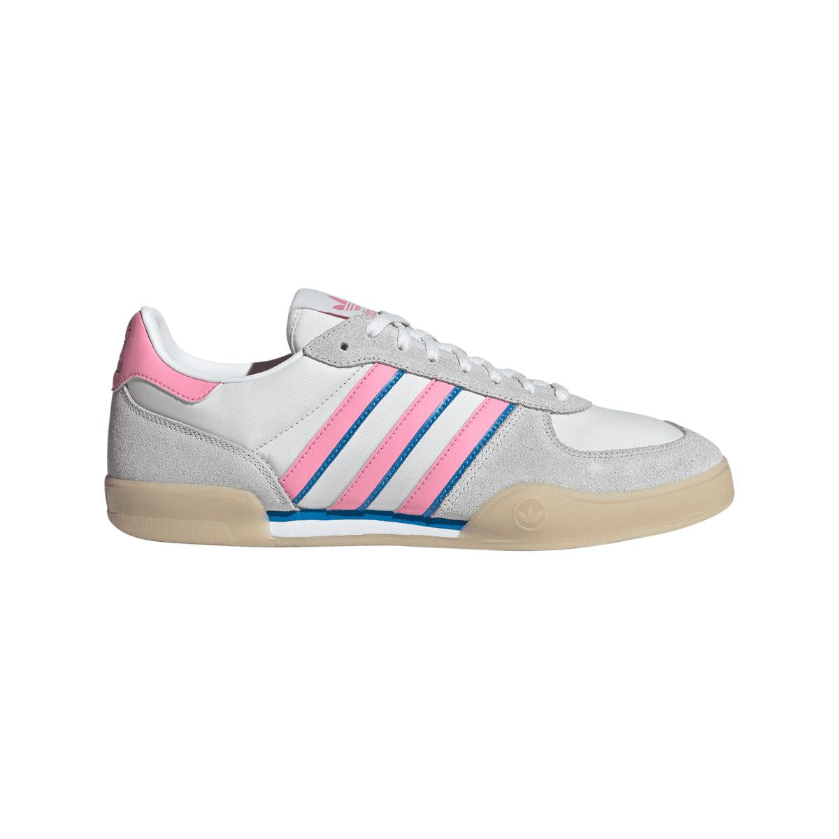 adidas Originals indoor sneaker with grey upper, pink/blue stripes, gum sole
