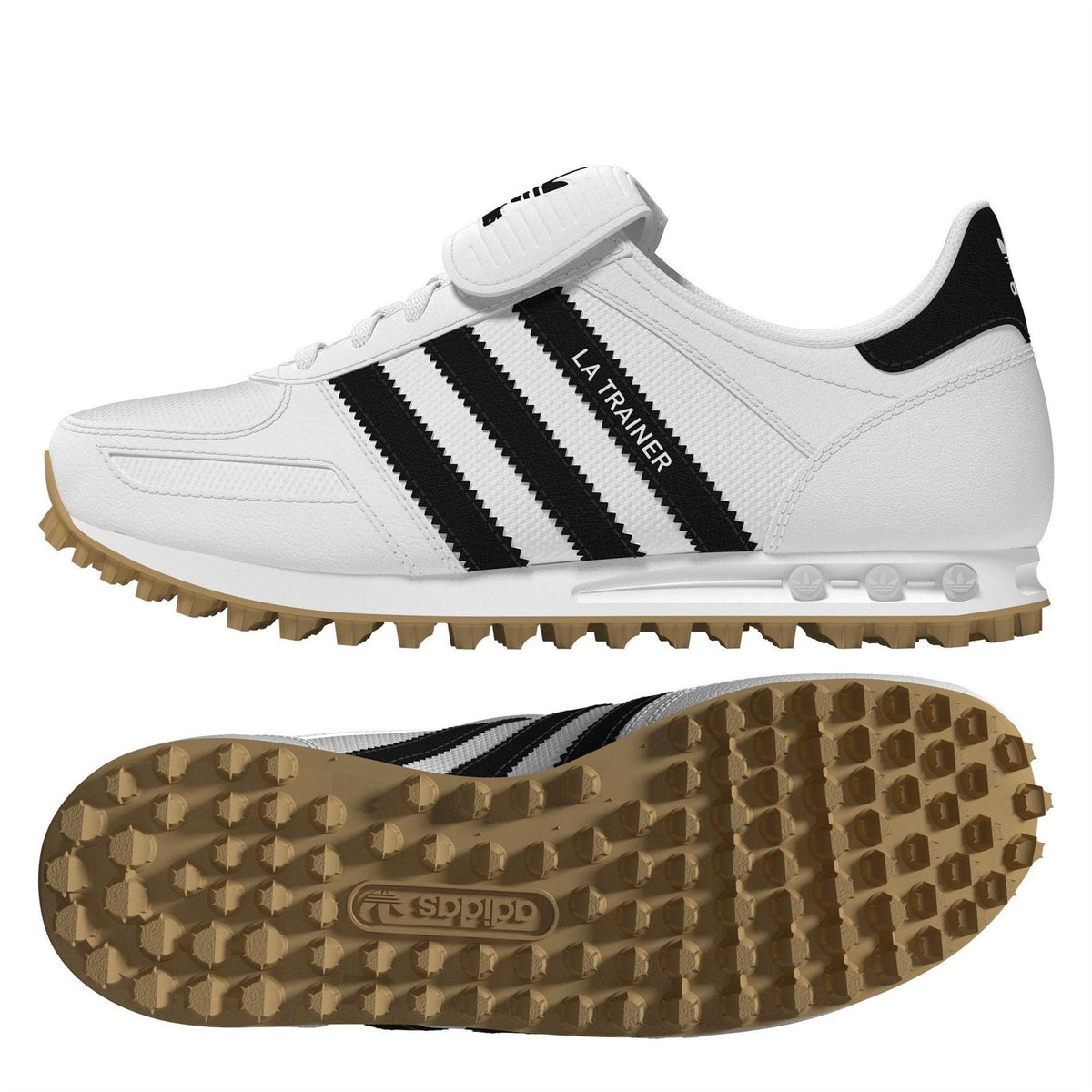 White juniors lace-up sneaker with black three stripes and gum sole detail