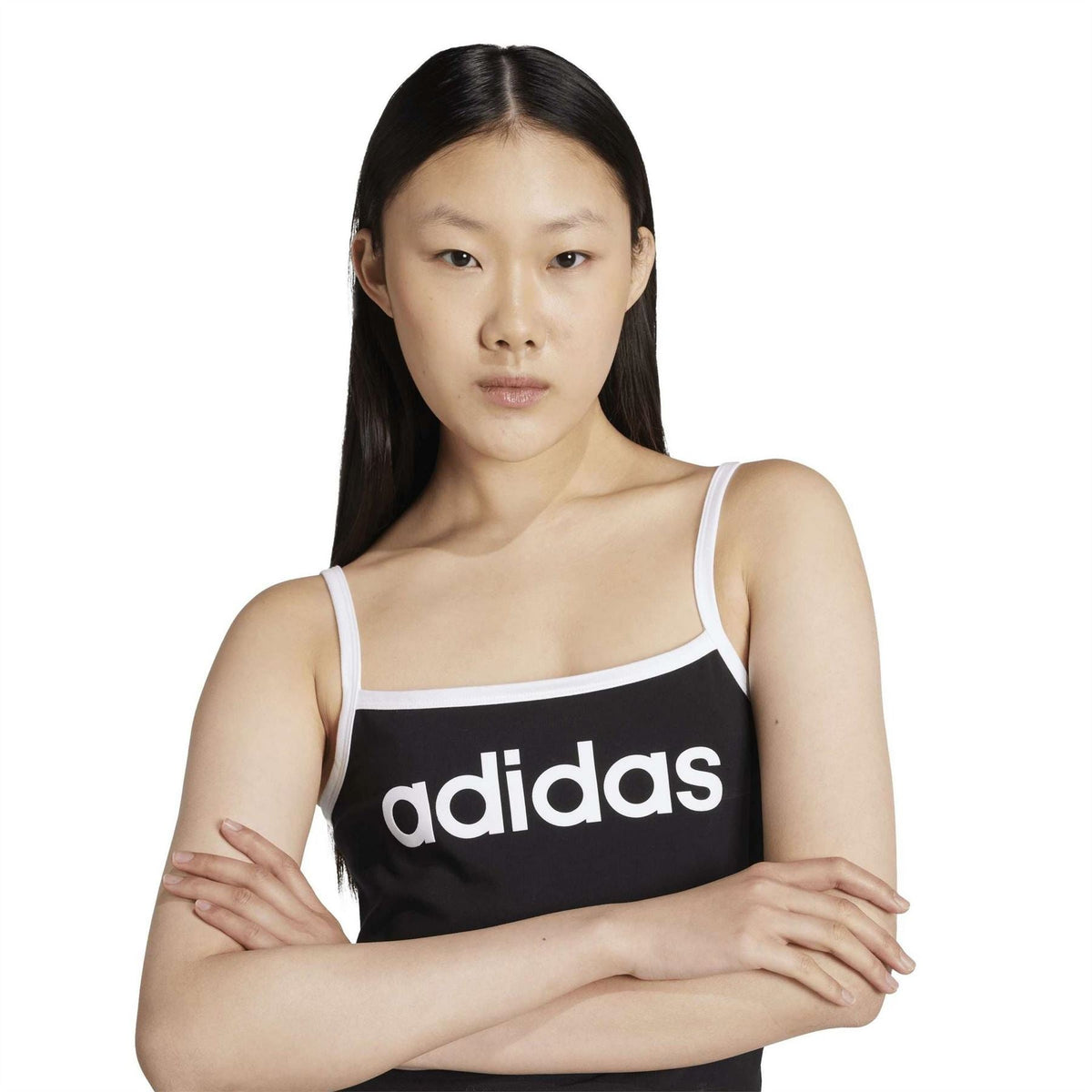 Black tank top with white adidas wordmark and thin spaghetti straps