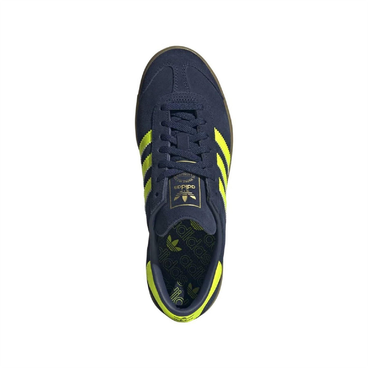 Dark navy adidas Hamburg lace-up sneakers with neon yellow logo accents