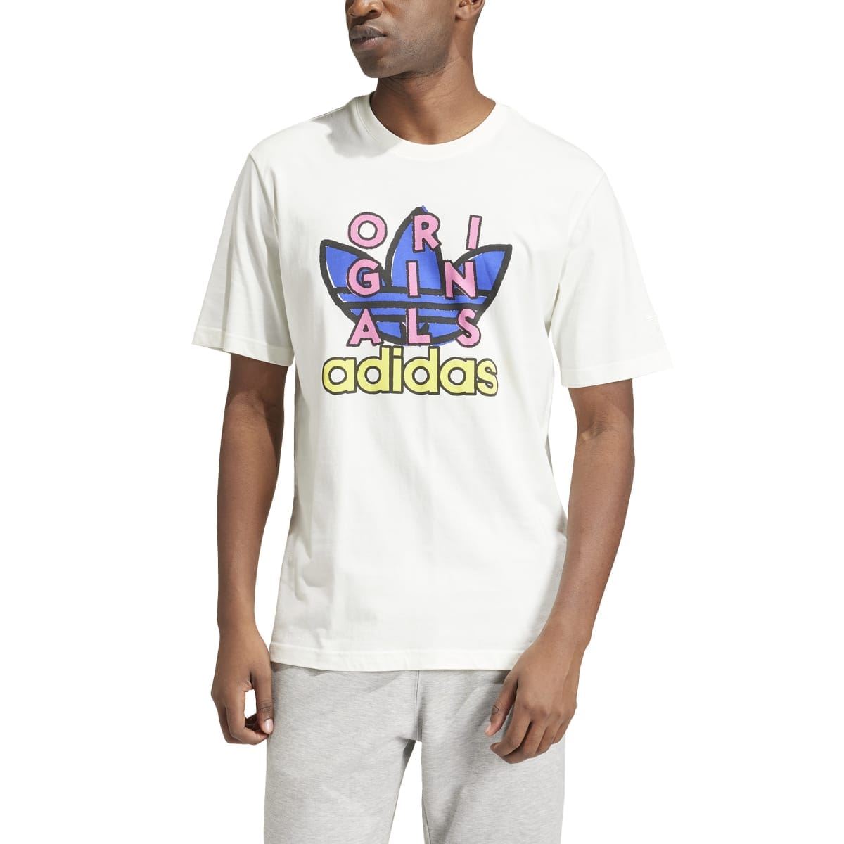 Off-white short-sleeve T-shirt with multicolor 'ORIGINALS' adidas chest graphic, side view