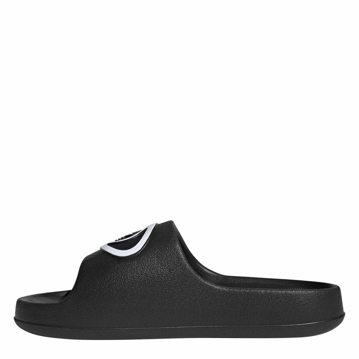 adidas black slide sandals, open-toe design with white logo on the strap