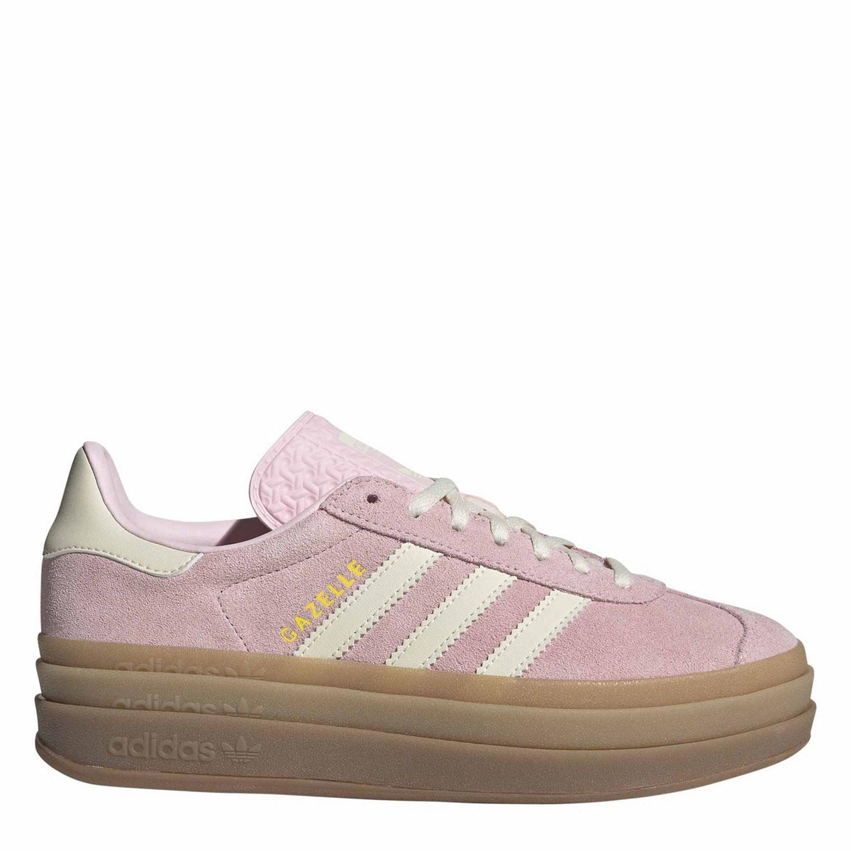Pink suede adidas Gazelle Bold low-top trainers with three-stripe detail and gum rubber sole