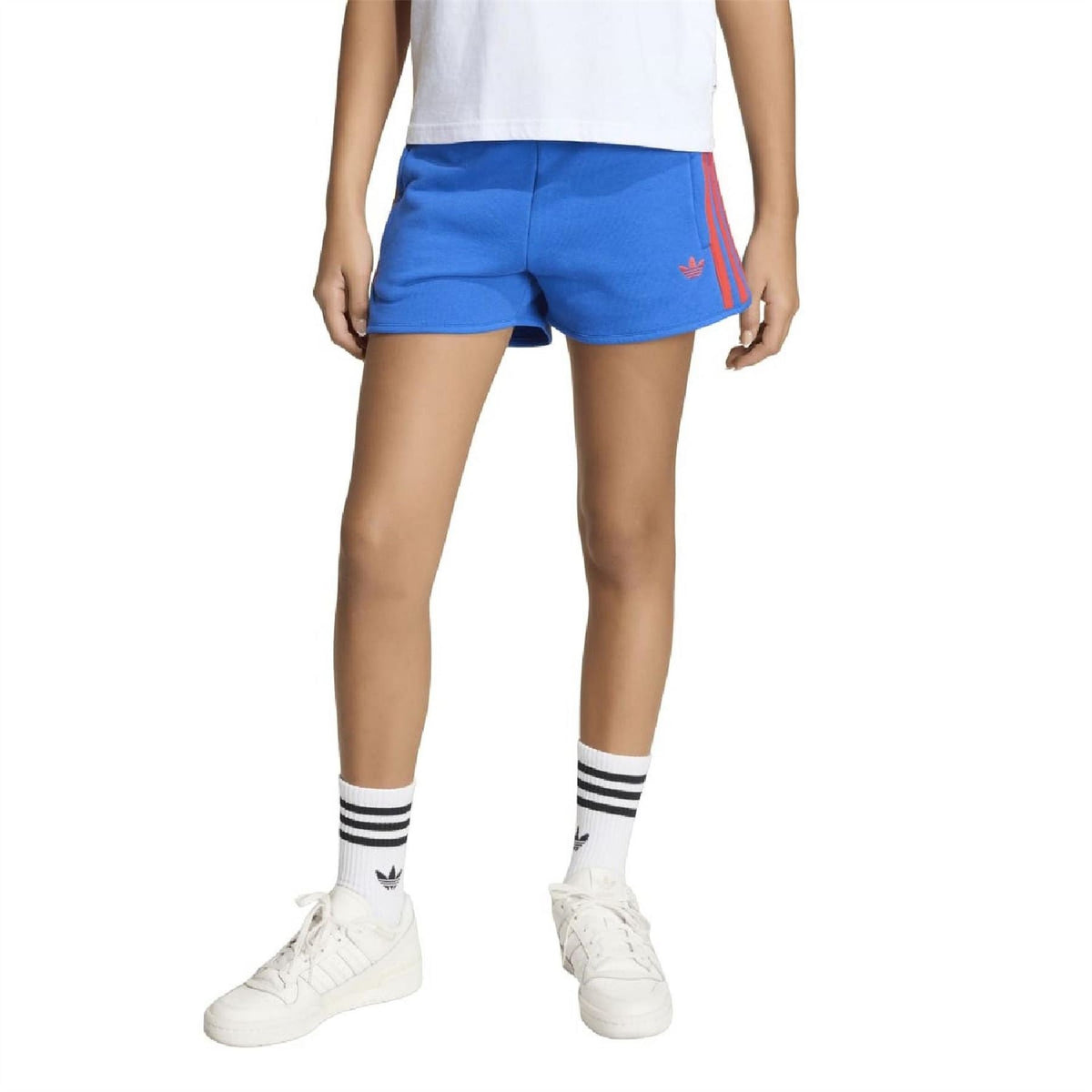 Blue juniors athletic shorts, side view with red Three Stripes detail and elastic waist