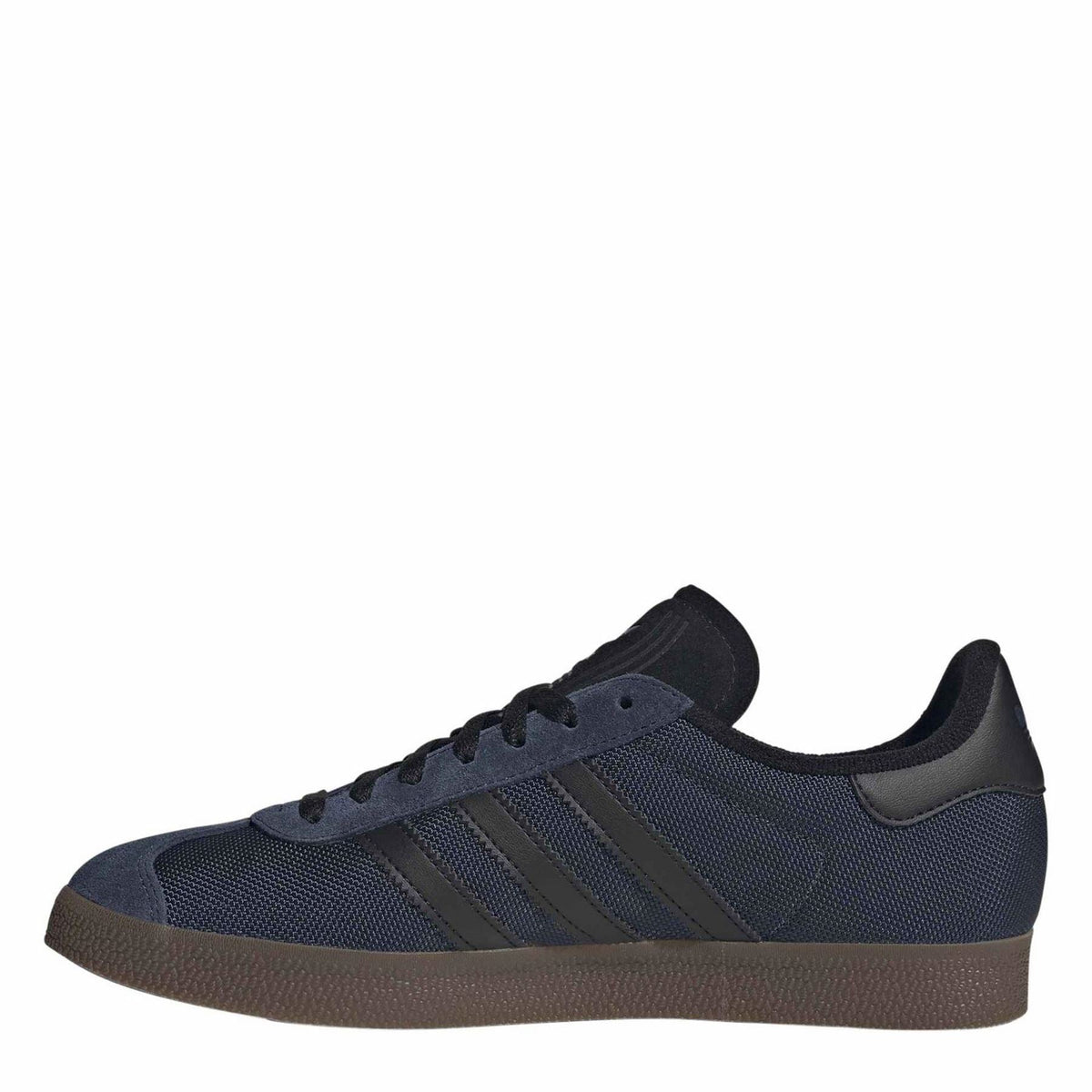 Gazelle OG lace-up sneakers with navy/black mesh uppers, three stripes, and brown gum sole