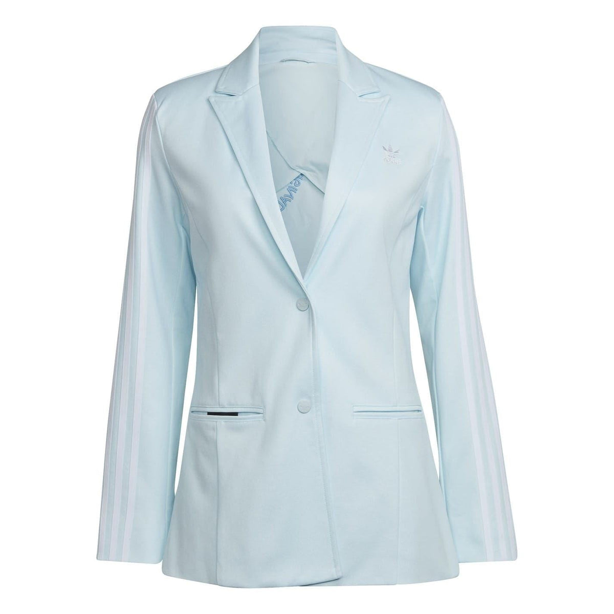 Light blue relaxed fit collared blazer jacket with button front and flap pockets