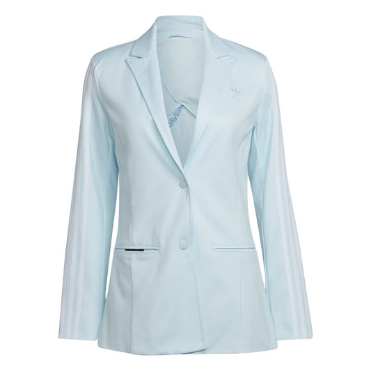 Light blue relaxed fit collared blazer jacket with button front and flap pockets