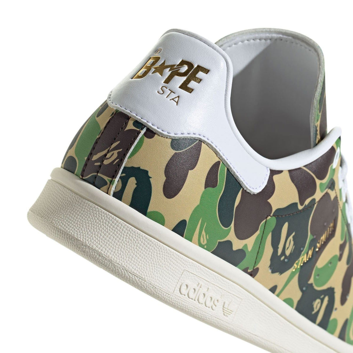 adidas Originals Bape Stan Smith sneakers, white leather footwear with navy and green accents, classic tennis shoe design