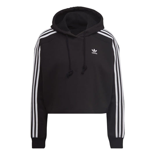 adidas Originals black crop hoodie with white triple-stripe sleeves, drawstring hood