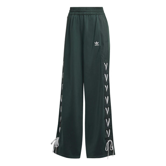 adidas Originals wide-leg pants in dark green with elastic waist and side graphic logo