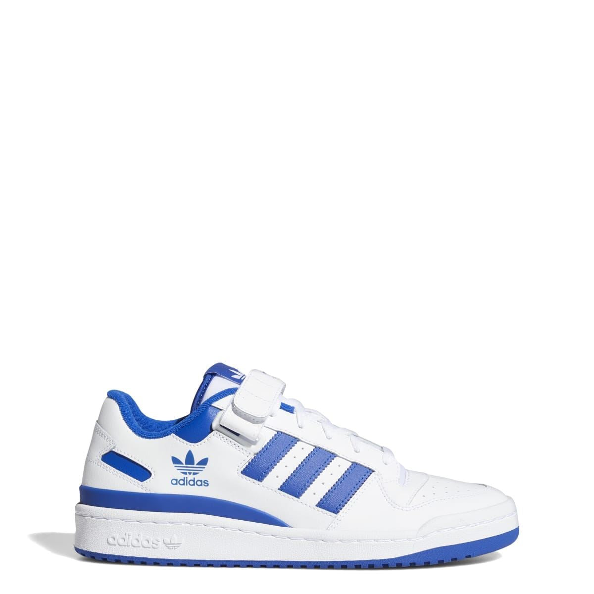 White and blue low-top sneakers with strap closure and adidas three-stripe design