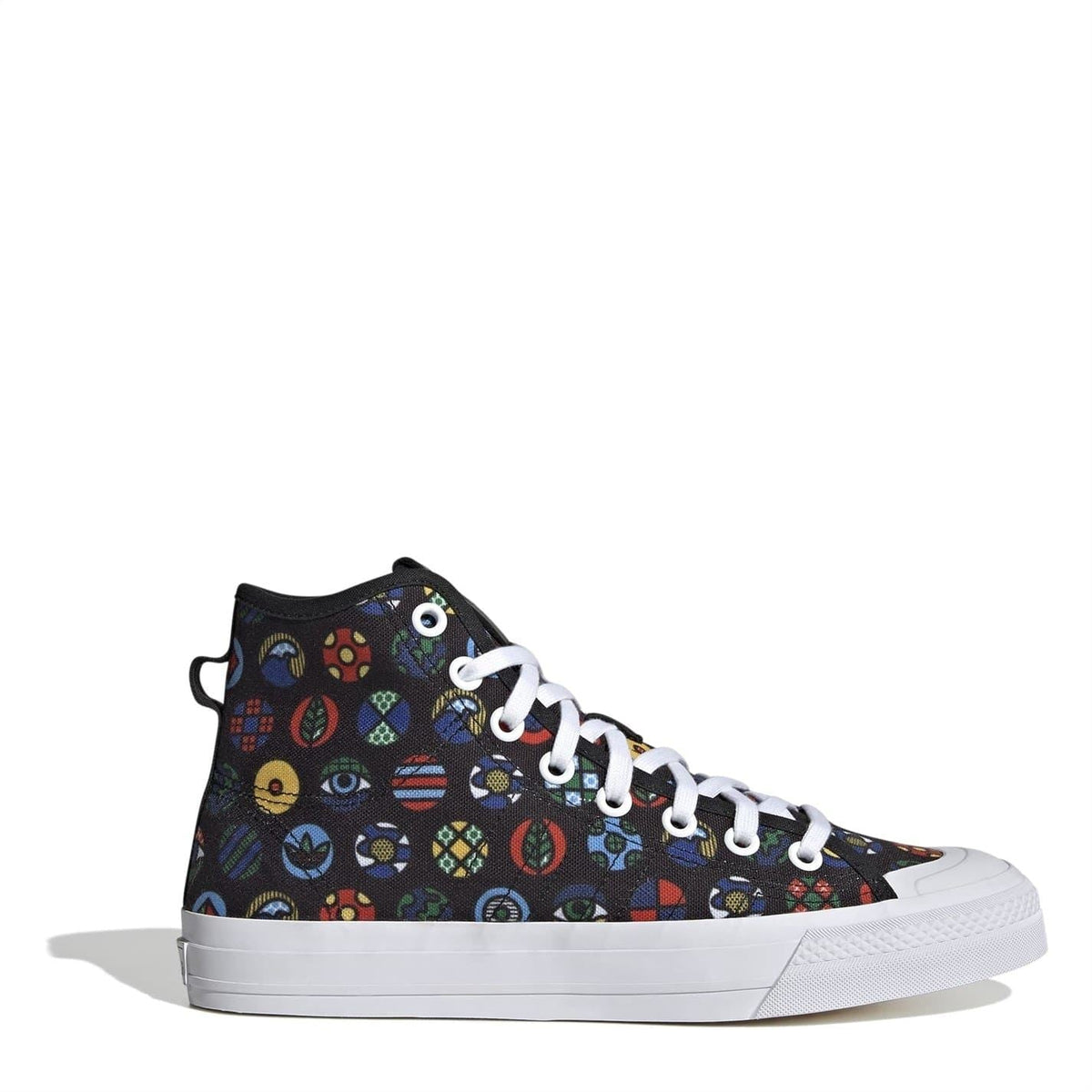 Black hi-top sneakers with colorful character pattern, white laces, and white rubber sole.