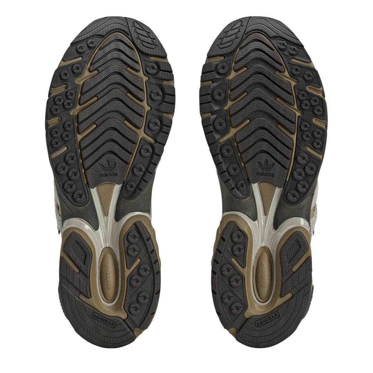 Low-top walking shoe outsoles with patterned tread and embossed branding