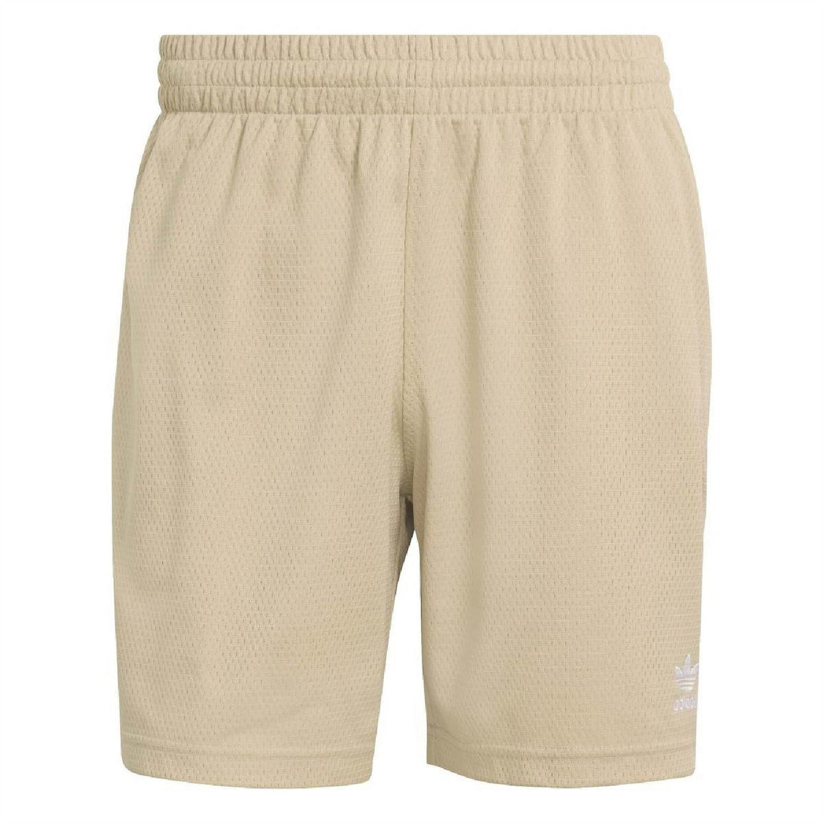 adidas trefoil essential shorts in stone khaki, elastic waistband, side pockets