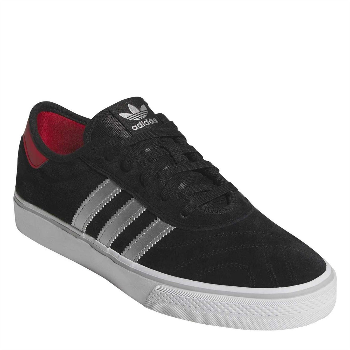 Black adidas Adiease trainers with red collar lining, white triple stripes, lace-up