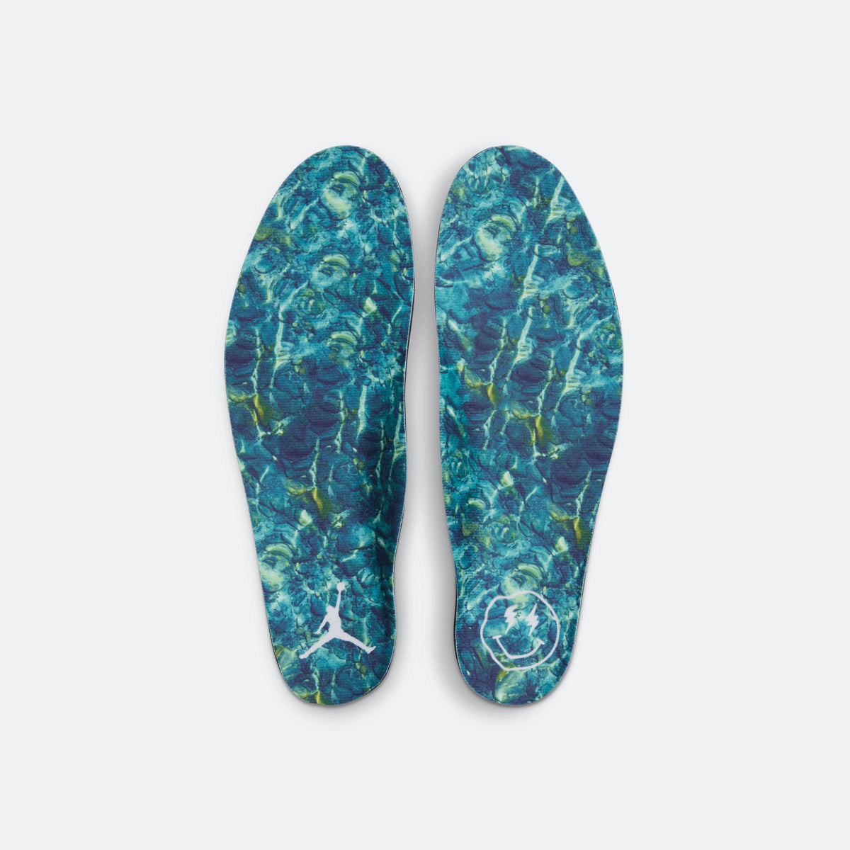 Blue patterned insoles for sneakers, oval shape, shown as a pair