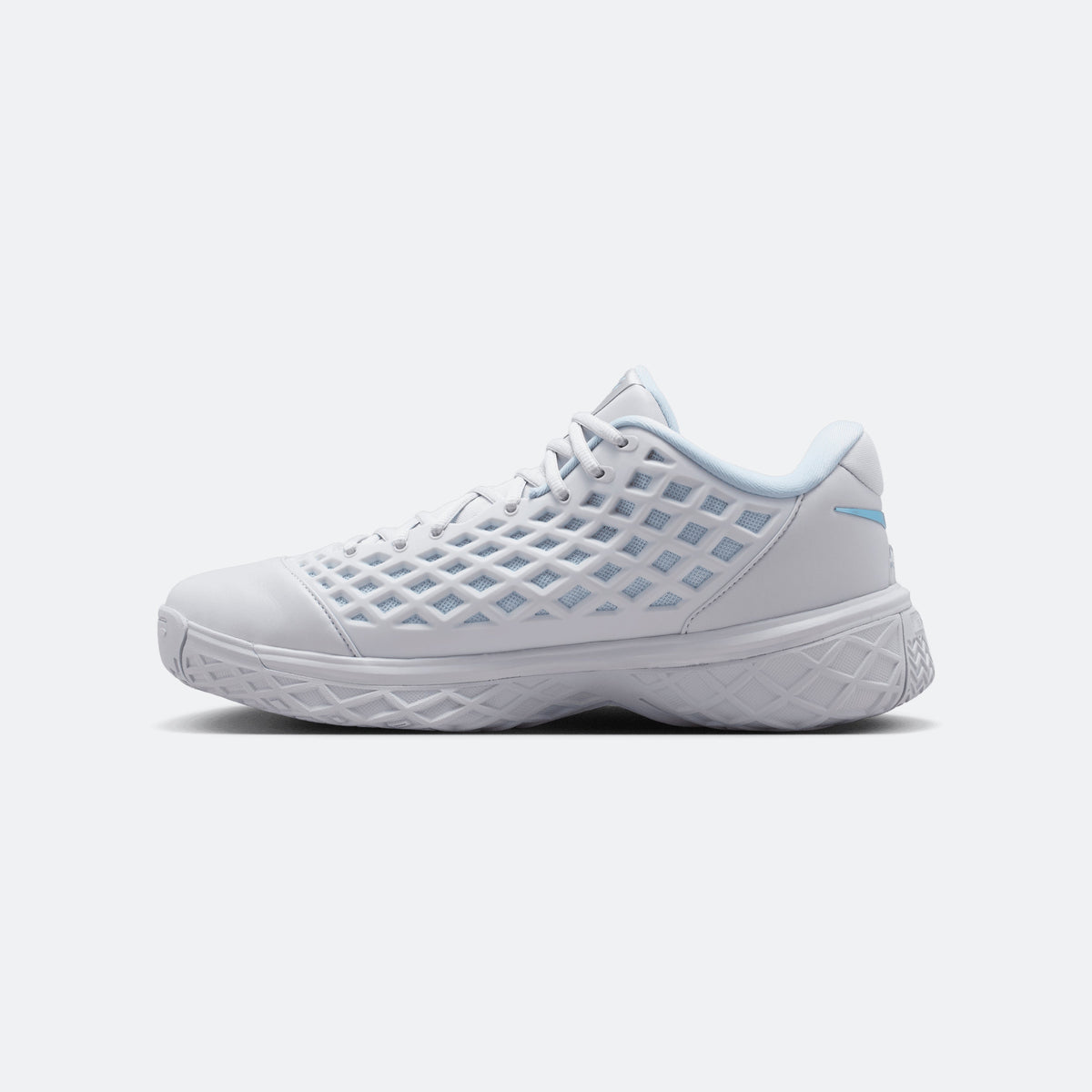 Light blue and white low-top basketball shoe with mesh upper and padded collar