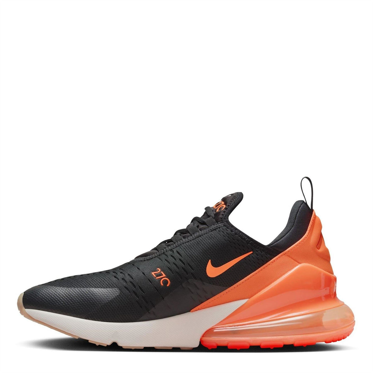 Nike Air Max 270 sneakers, black upper with orange paneling and white midsole