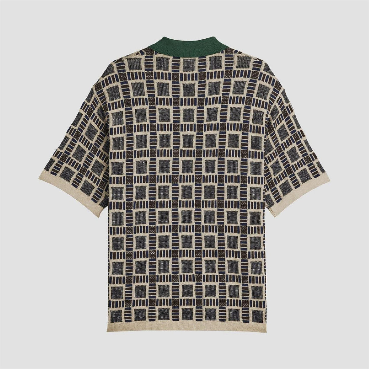 adidas Originals patterned polo shirt with green collar and front button placket, sand base