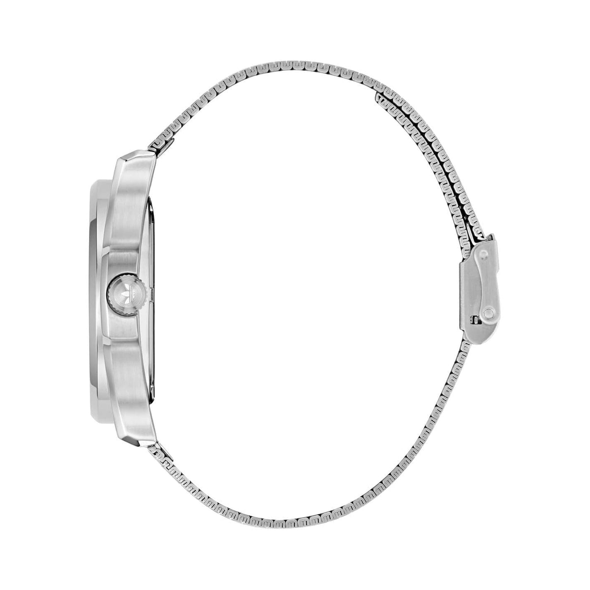 adidas Originals analog watch, silver mesh strap side view
