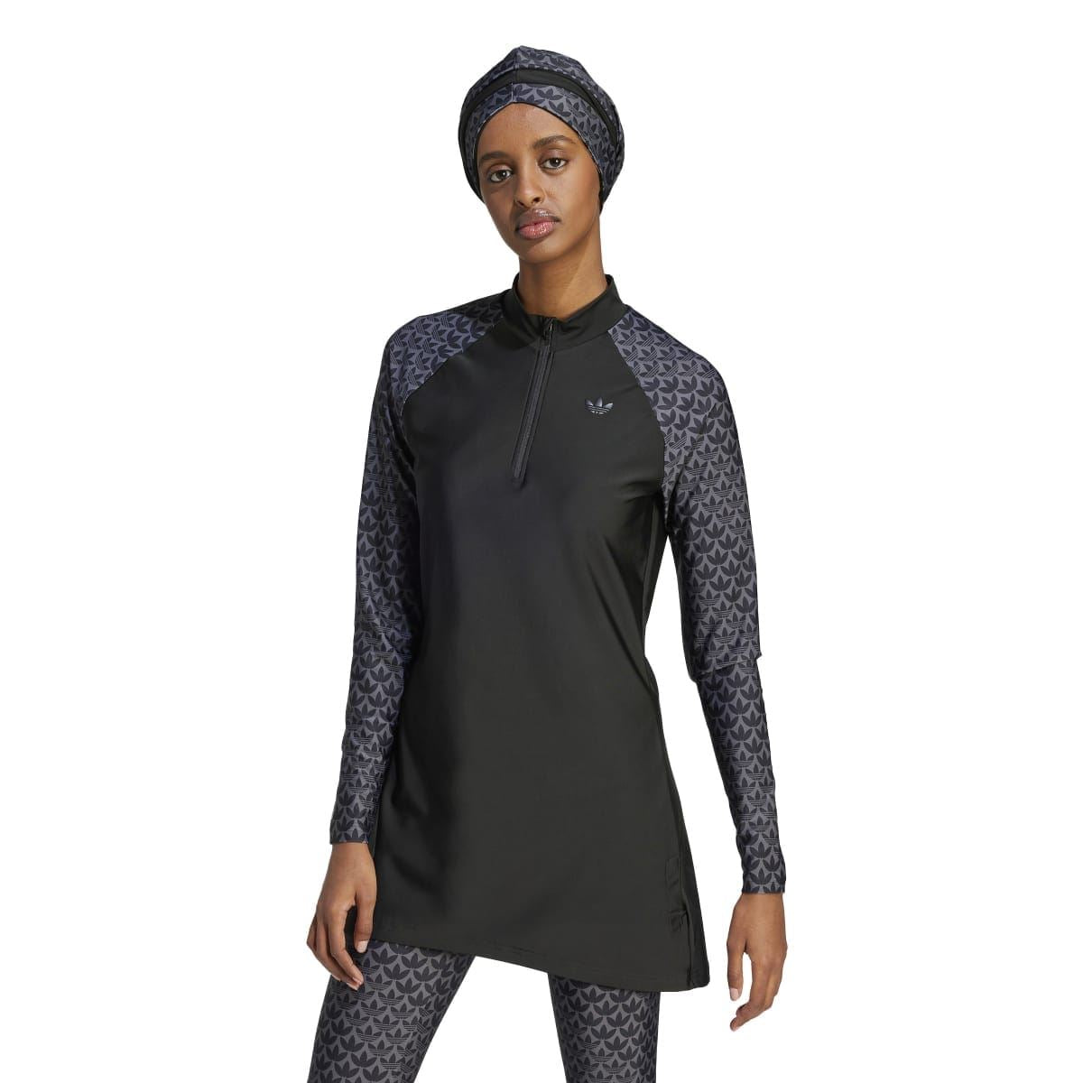 Black zip-front swim top with monogram sleeves and high neckline