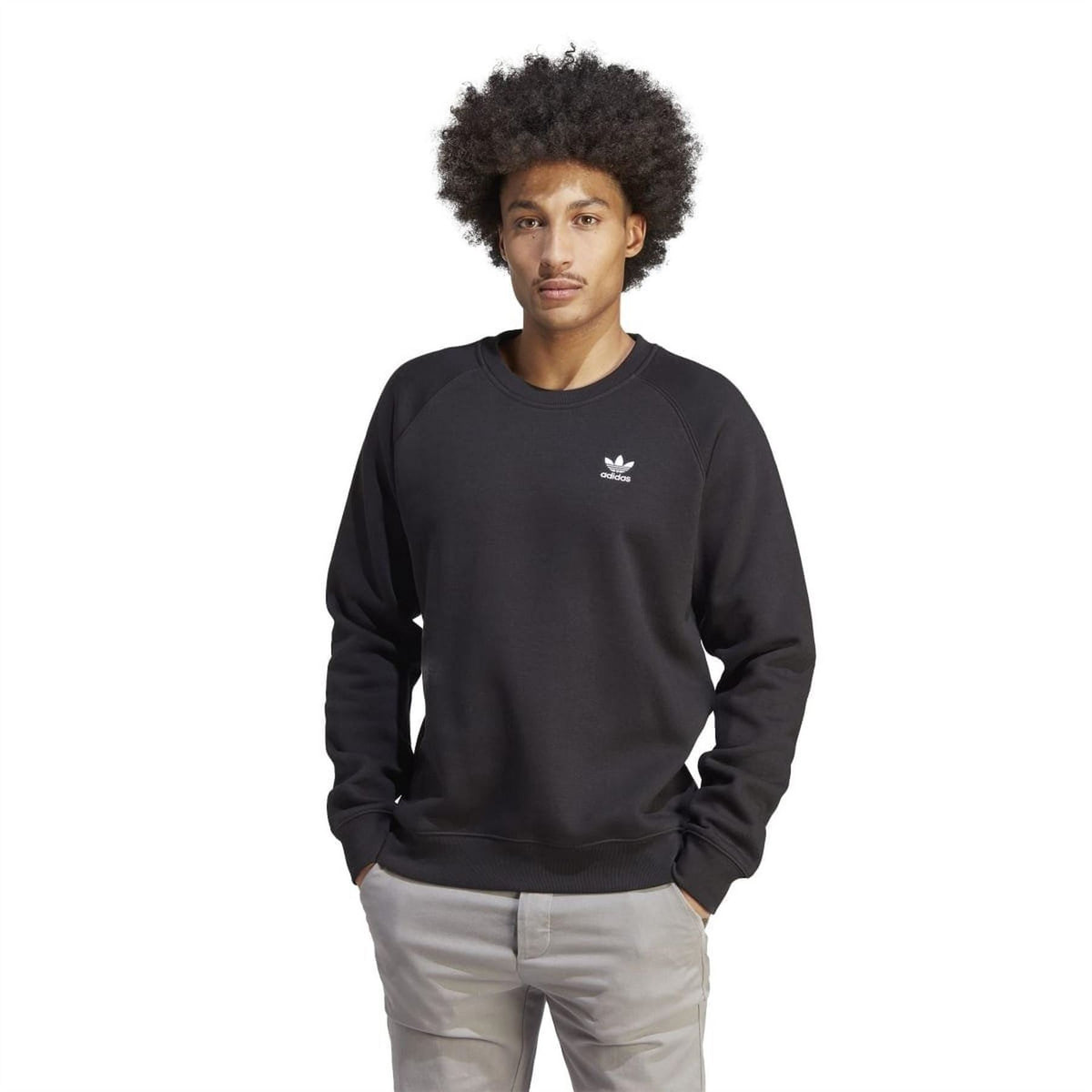 Black crewneck sweatshirt with adidas trefoil logo on chest; long sleeves.