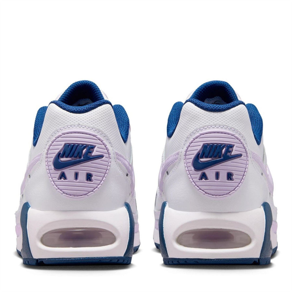 Women's Nike Air Max Ivo sneakers, heel view in white with blue lining