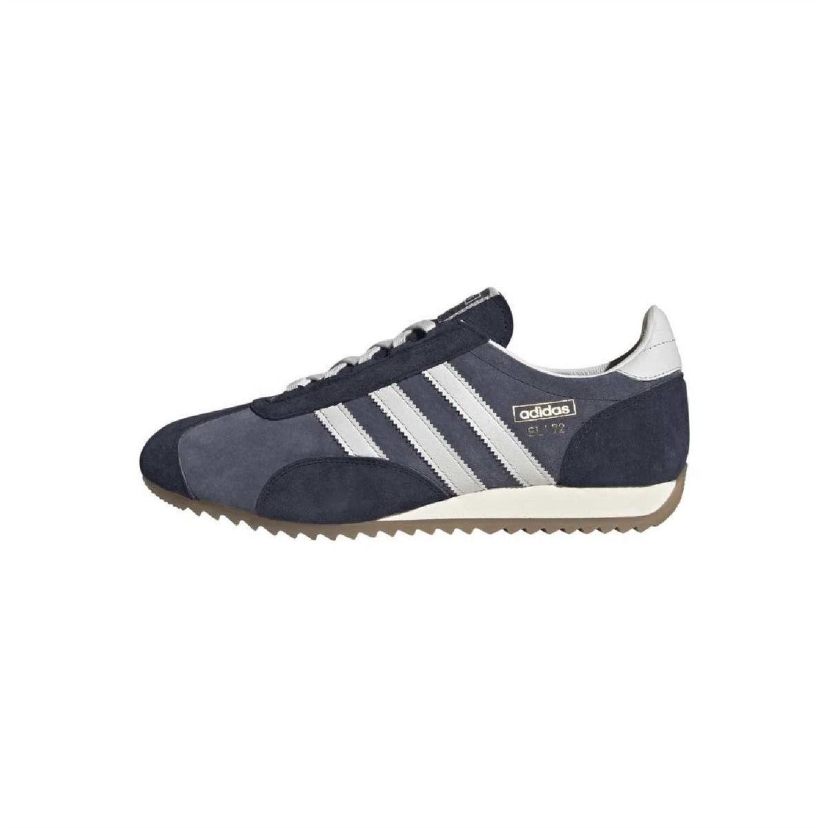 Navy lace-up trainers with white adidas-style stripes and textured gum sole