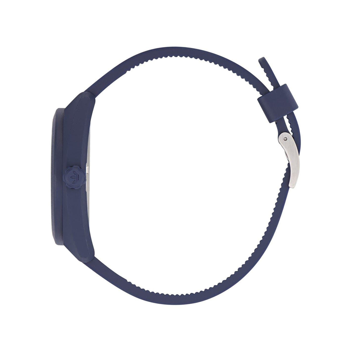 Dark navy rubber strap analogue watch with metal buckle and round face