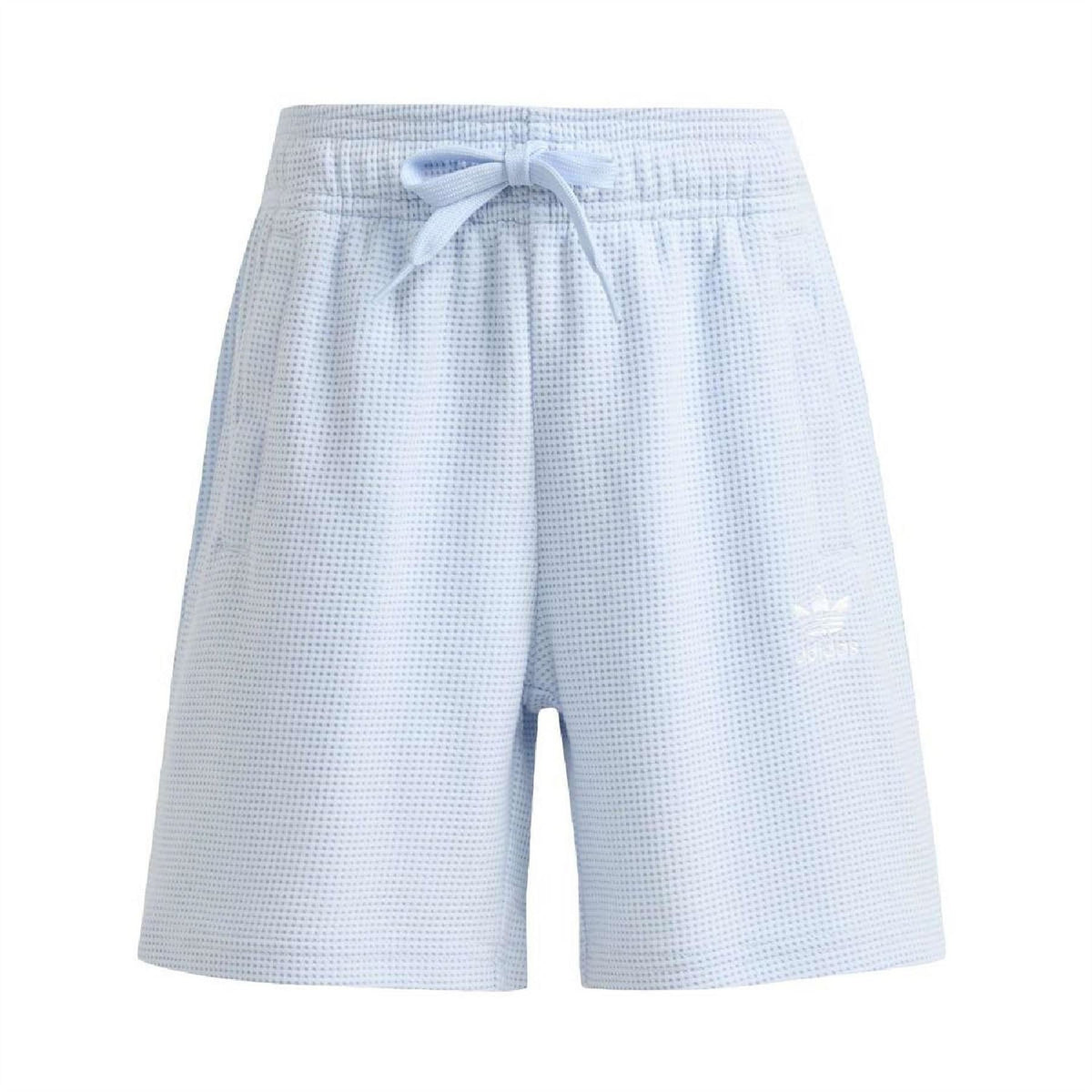 Juniors light blue loose shorts with elastic waistband and drawstring, small logo.