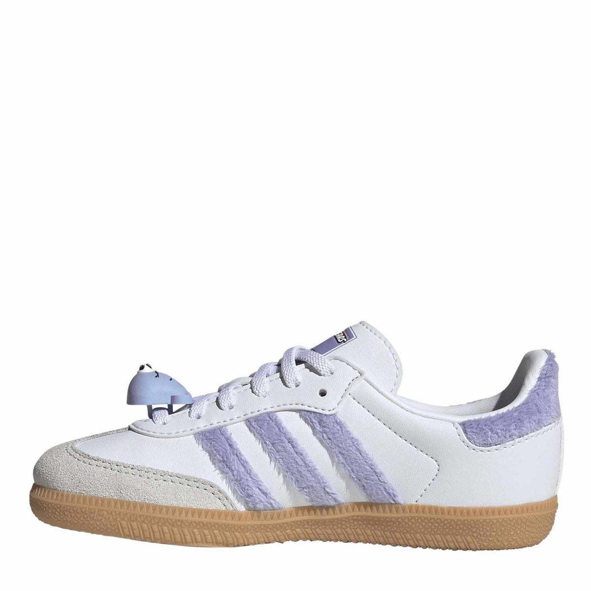Kids' adidas Originals Samba-style sneakers, white and lavender stripes, lace-up, gum sole