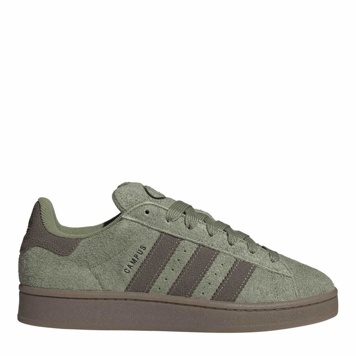 adidas Originals suede campus sneakers in olive green, lace-up with three stripe panels